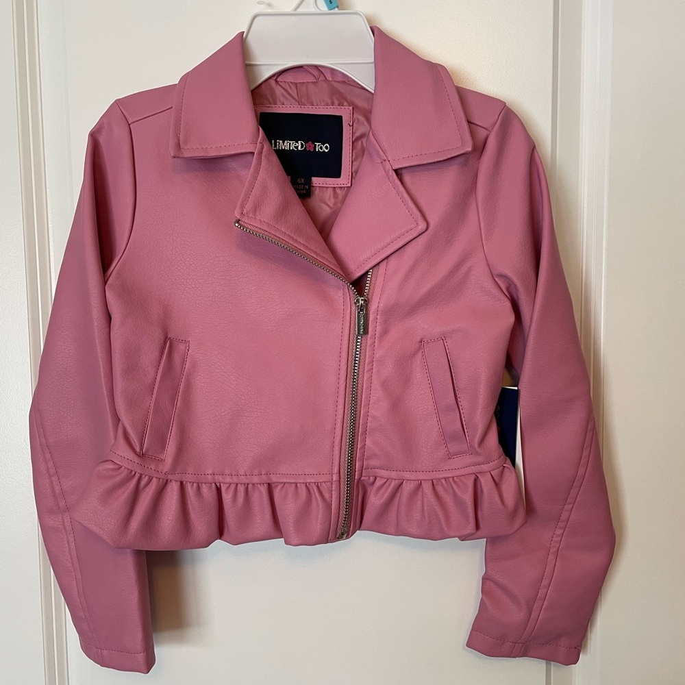 Faux pink leather jacket with asymmetrical zipper and ruffled bottom